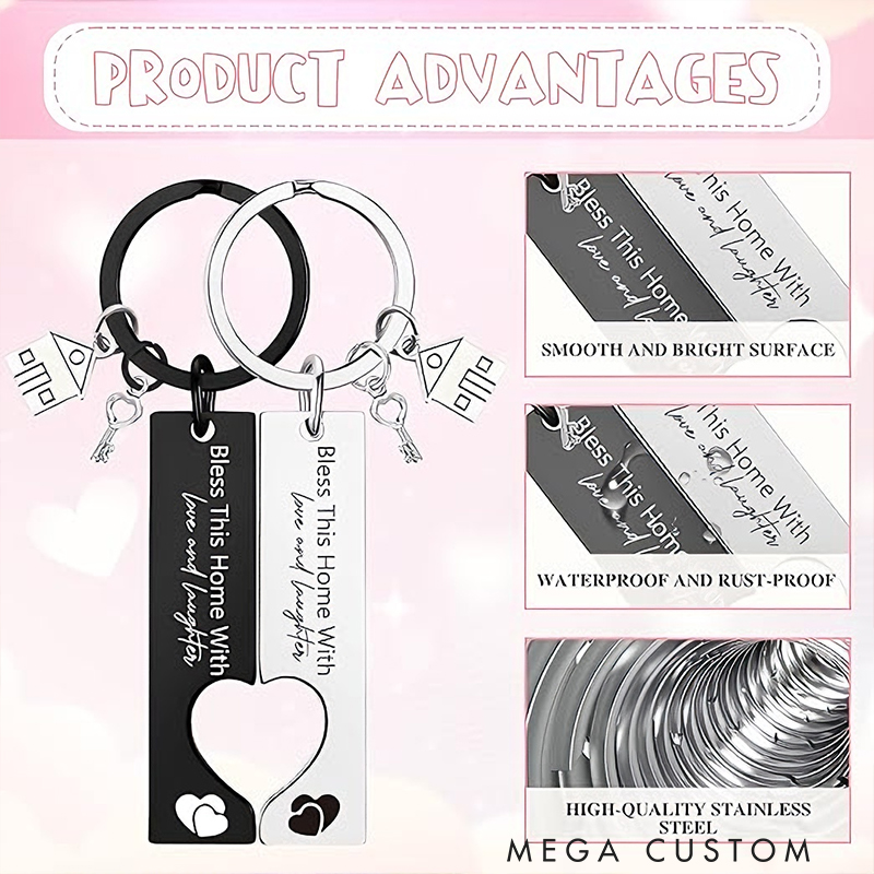 Personalized Home Key Couples Keychain Set 2pc Engraved Custom Initials Practical Housewarming Gift