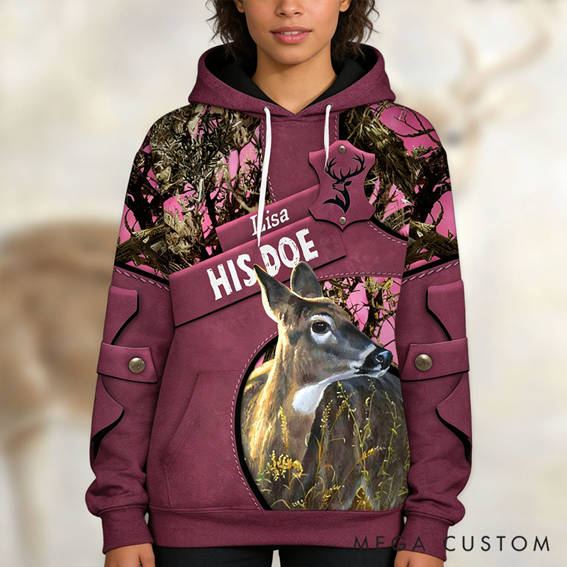 Personalized Couple Matching 3D Hoodie Her Buck His Doe Hoodie Custom Name Couple Gift Valentine's Day Gift For Couple
