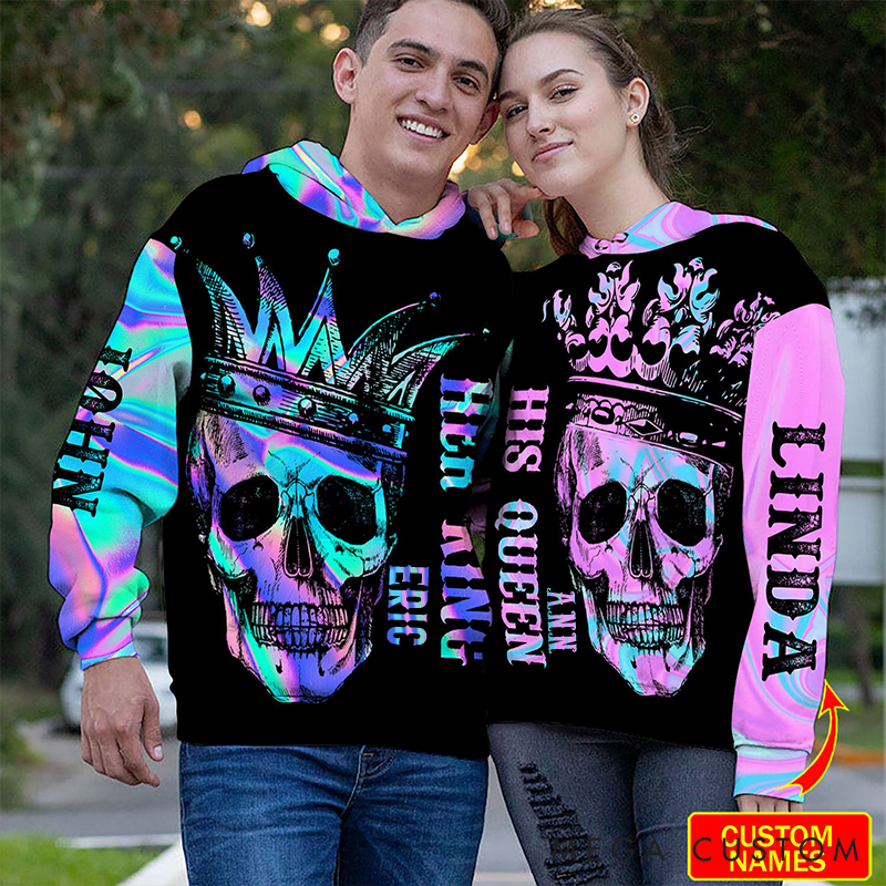 Personalized Skull Color Beauty King And Queen Matching 3D Hoodie Custom Name All Over Print Valentine Gift for Couple 