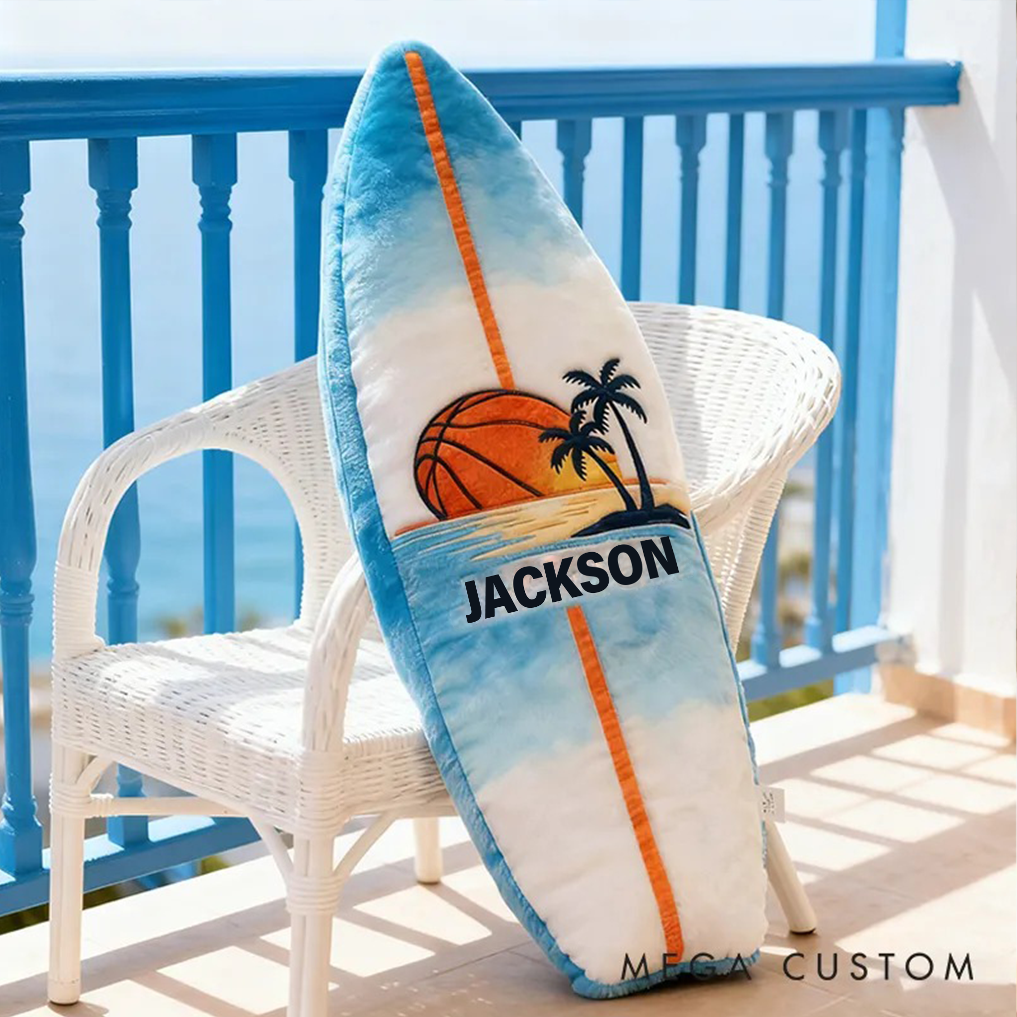 Personalized Surfboard Basketball Pillow with Custom Name for Beach Lovers and Basketball Lovers