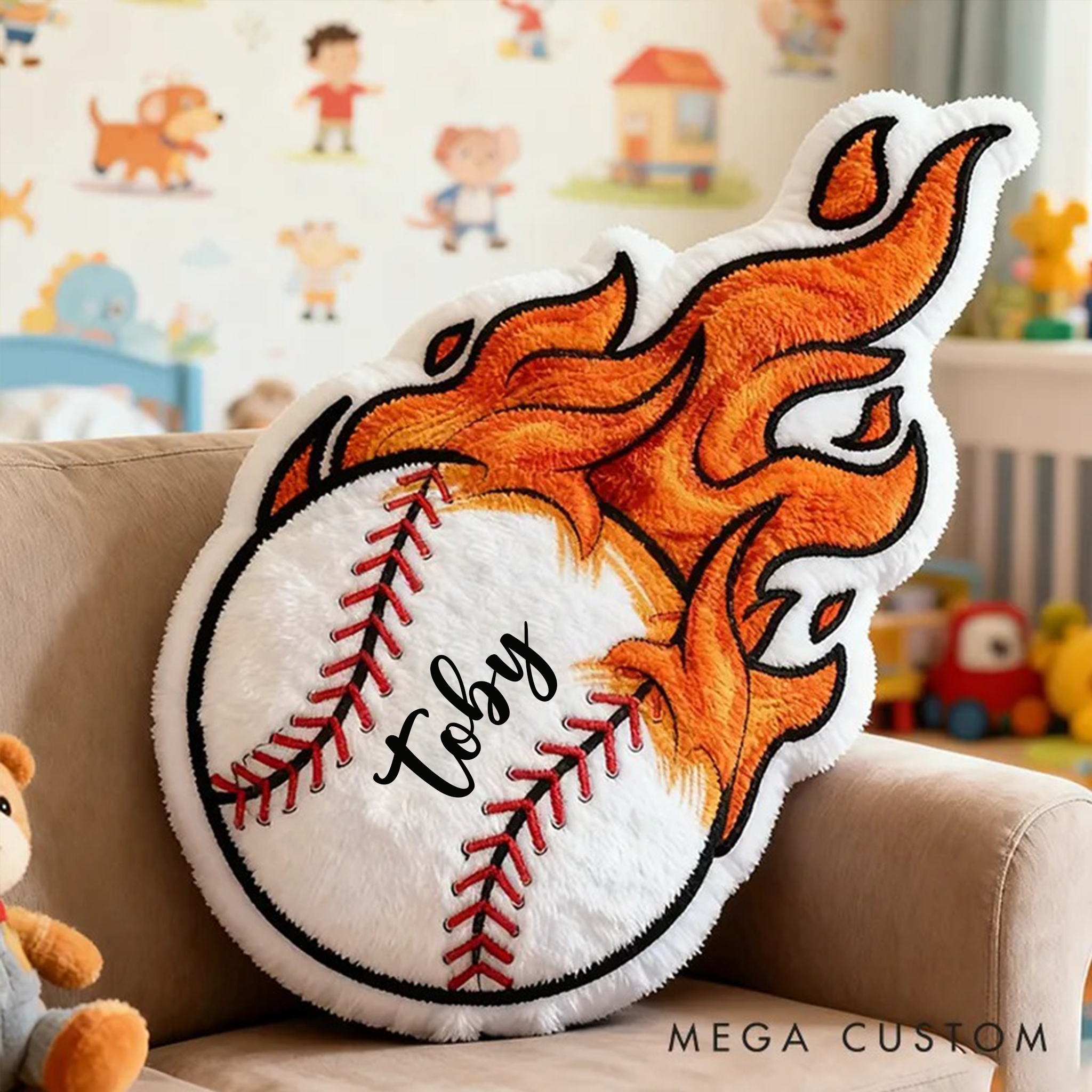 Personalized Baseball Flame Pillow with Custom Name for Sports Lovers and Kids