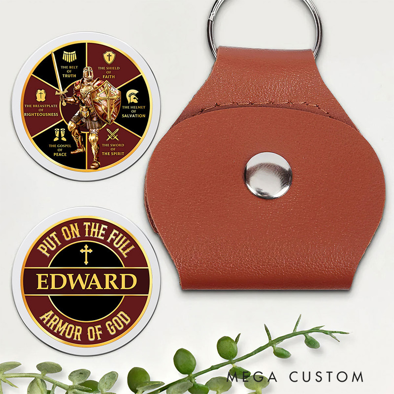 Personalized Armor of God Leather Pocket Hug Keychain with Custom Name Religious Gift Faith Gift for Christian Men