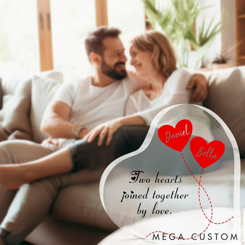 Personalized Couple Two Hearts Joined Together By Loves Heart Shaped Acrylic Plaque with Name Valentines Day Gift for Wife Husband for Couple