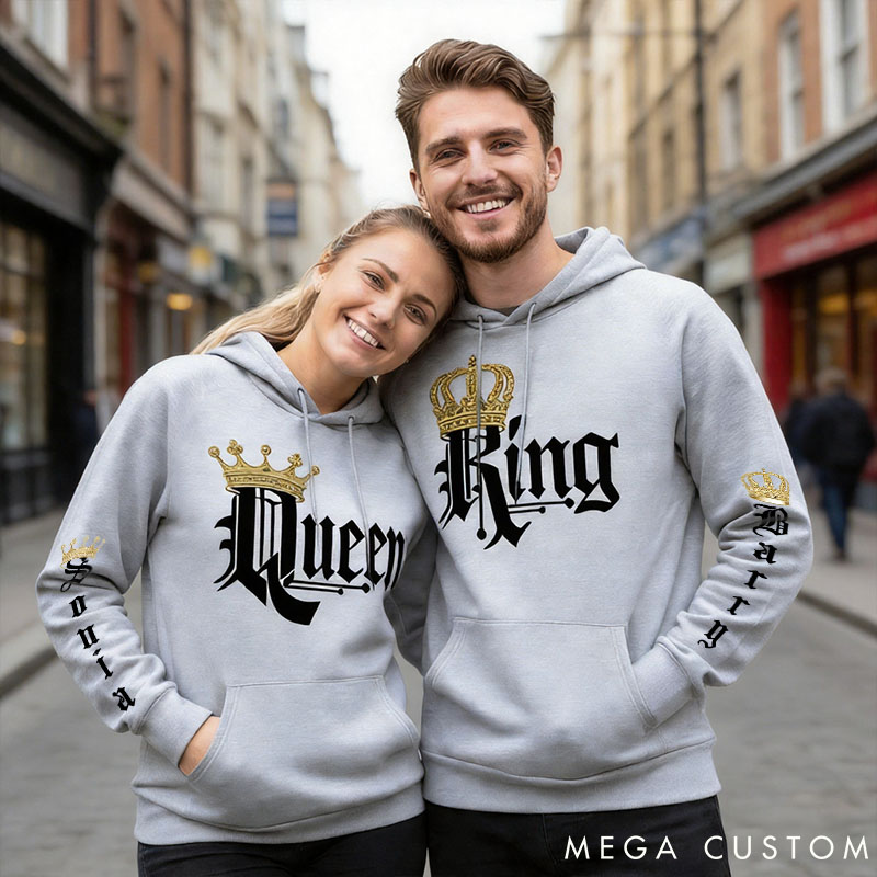 Personalized Couple Royal King and Queen with Crown Matching Hoodie Custom Couple Sweatshirt with Name Anniversary Valentine's Day Gift for Him Her