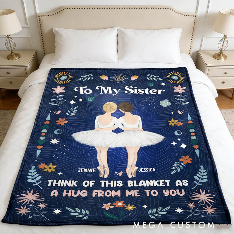 Personalized Cartoon Sister Blanket 'A Hug From Me To You' Custom Photo and Name Gift for Family Friends Dancer