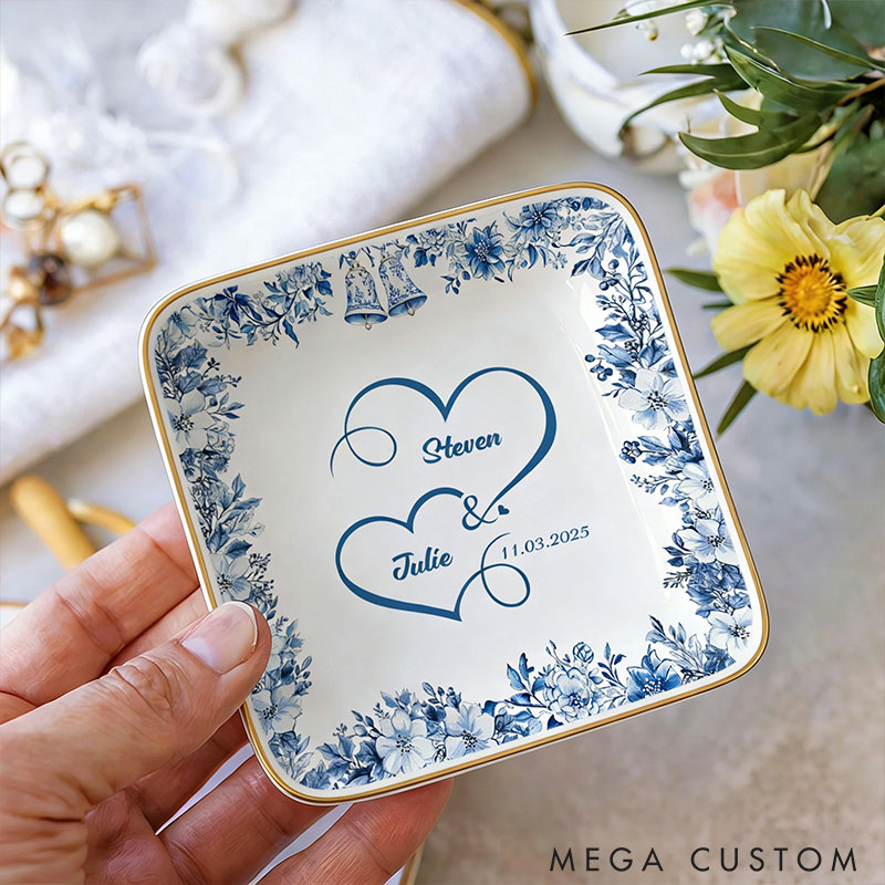Personalized Heart Flower Ceramic Trinket Jewelry Dish with Name and Date Toile De Jouy Ring Dish Valentine's Gift for Wife Anniversary Gift for Girlfriend