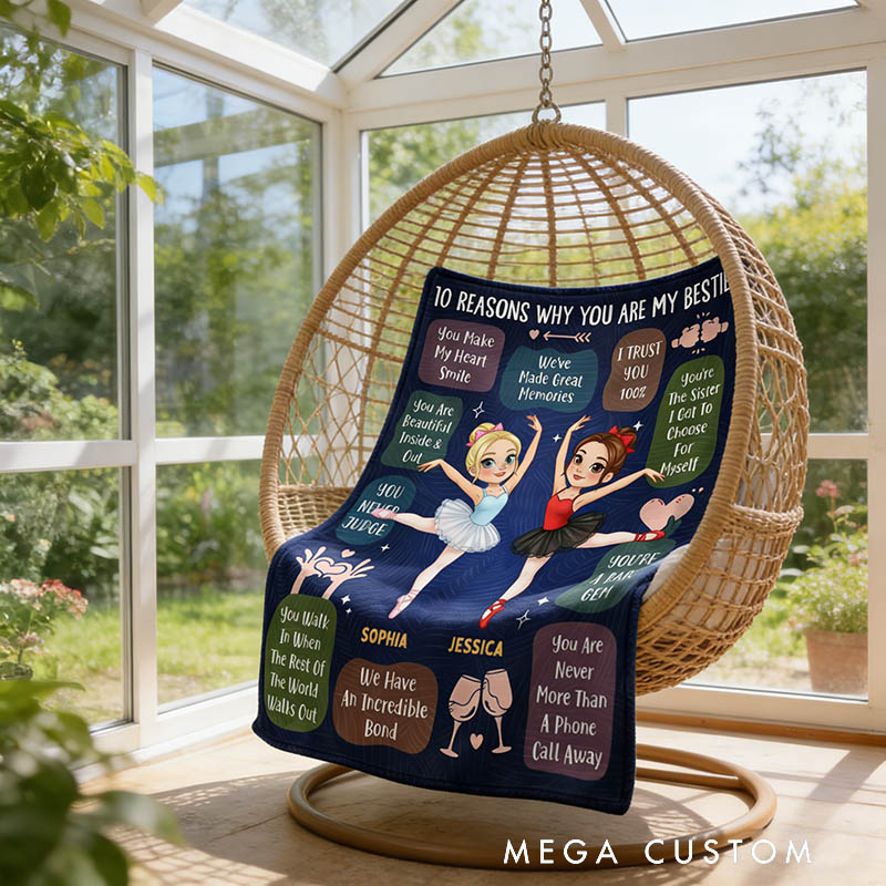 Personalized Cartoon Sister Blanket '10 Reasons Why You're My Bestie' Custom Photo and Name Gift for Family Friends Dancer