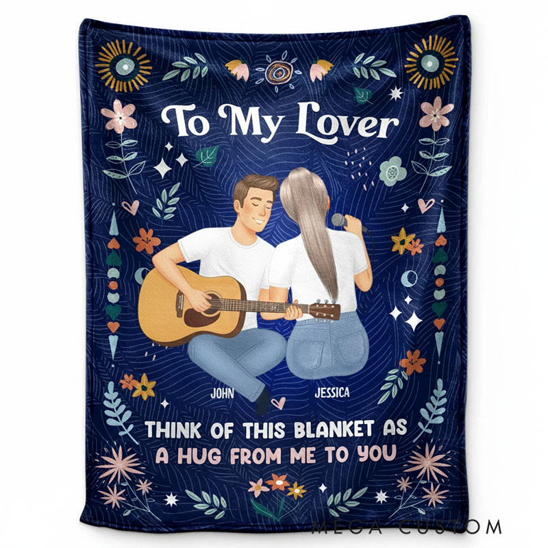 Personalized Cartoon Lover Blanket 'A Hug From Me To You' Custom Photo and Name Gift for Couple Familys Friends Music Lovers for Valentine's Day Anniversary