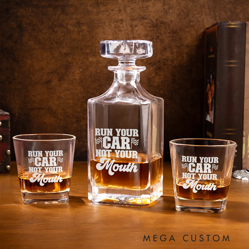 Personalized Racing Gifts Custom Whiskey Decanter and Glass Set with Engraved Text for Car and Racing Lovers