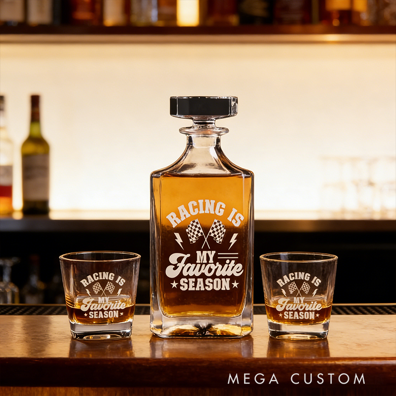 Personalized Racing Gifts Custom Whiskey Decanter and Glass Set with Engraved Text for Race Car Lovers Home Bar Decor