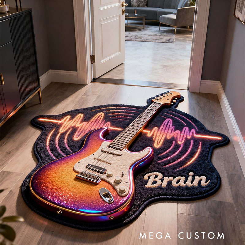 Personalized Guitar Sound Wave Pattern Rug with Your Name for Music Lovers Unique Decorative Carpet for Room and Music Studio