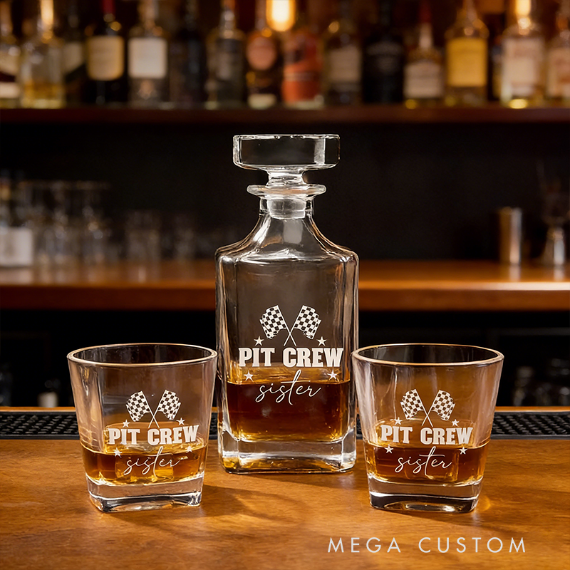 Personalized Racing Gifts Custom Whiskey Decanter and Glass Set with Engraved Name and Text for Car and Whiskey Lovers