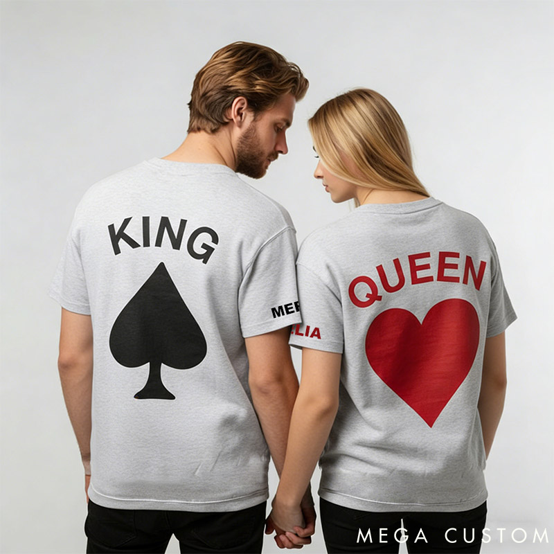 Personalized Couple King and Queen Matching T-Shirts with Name Custom Couple Playing Card Shirts Tee Valentine's Day Gift for Him Her Anniversary Gift