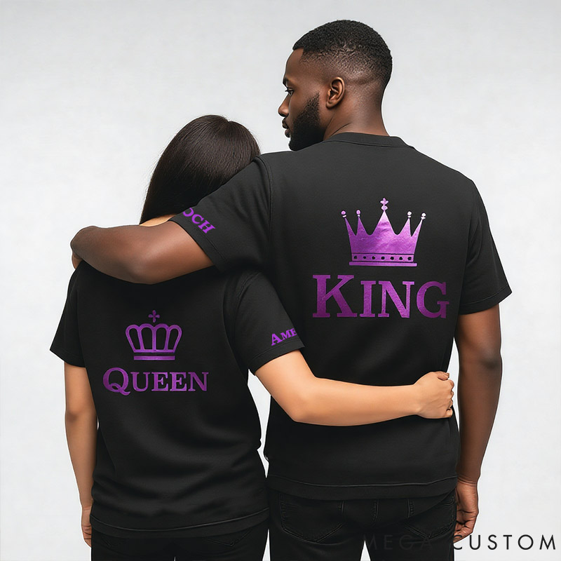 Personalized Couple Purple King and Queen with Crown Matching T-Shirts Custom Couple Shirts Tee with Name Anniversary Gift Valentine's Day Gift