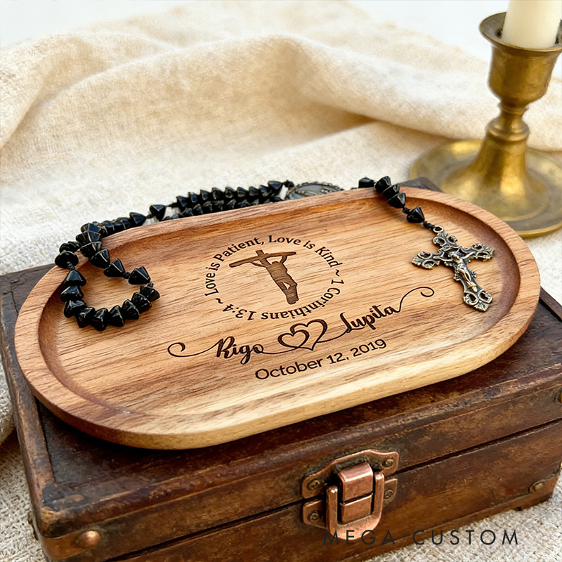 Personalized Love is Patient Wooden Rosary Tray Jewelry Holder with Custom Name and Date Religious Gift Anniversary Wedding Gift Catholic Gift