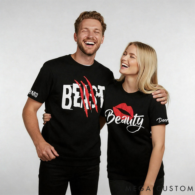 Personalized Couple Beast with Claw and Beauty with Kiss Matching T-Shirts Custom Couple Shirts Tee with Name Anniversary Gift Valentine's Day Gift