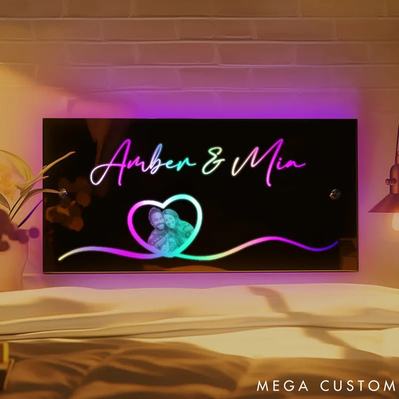 Personalized Couple Photo Heart Mirror LED Light with Name Custom Couple Portrait Mirror Light Anniversary Gift Valentines Day Gift for Him Her
