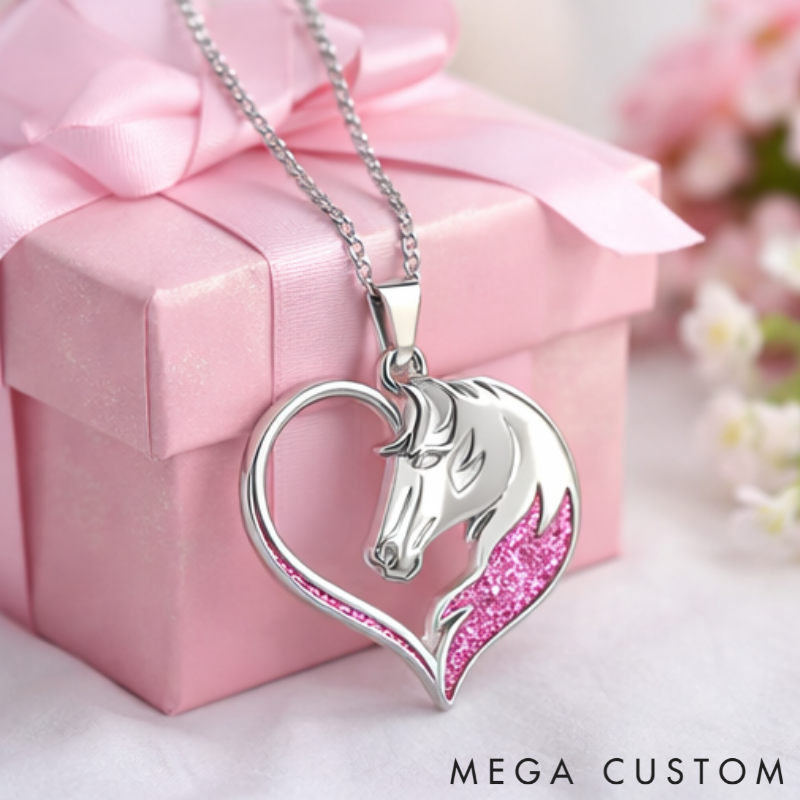 Personalized Horse Head Heart Pendant Necklace Custom Name Unique Holiday Gift for Couples