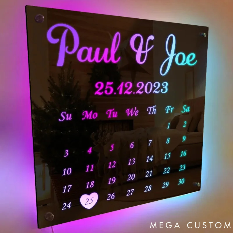Personalized Couple Date Calendar Mirror LED Light with Name Custom Couple Newlyweds Mirror Light Anniversary Gift Valentines Day Gift for Him Her