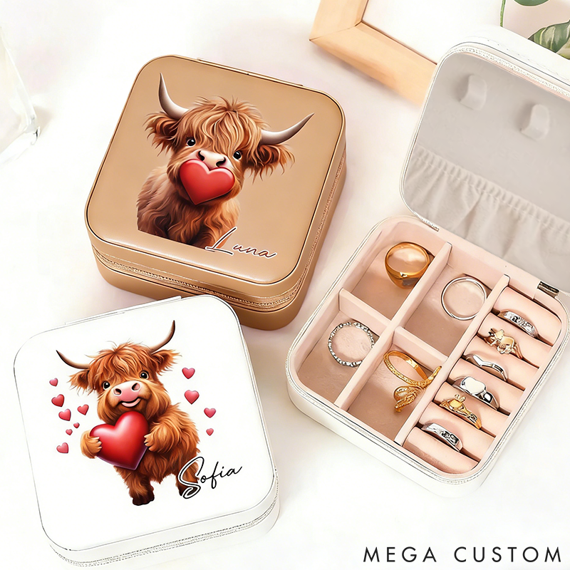 Personalized Pet Lover Cute Love Heart Highland Cow with Name Birthday Anniversary Valentine's Day Jewelry Box
