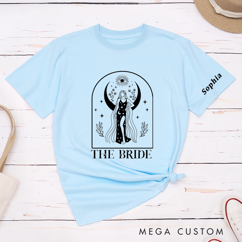 Personalized Bride Moon Goddess T-Shirt Custom Name Celestial Bachelorette Party Tee Unique Starry Bridal Shower Gift for Her Astrology Moon Lover