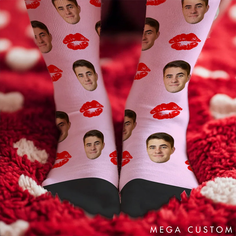 Personalized Couple Photo Portrait Red Lip Print Socks Custom Girlfriend Boyfriend Portrait Socks Valentines Day Gift for Him Her Anniversary Gift