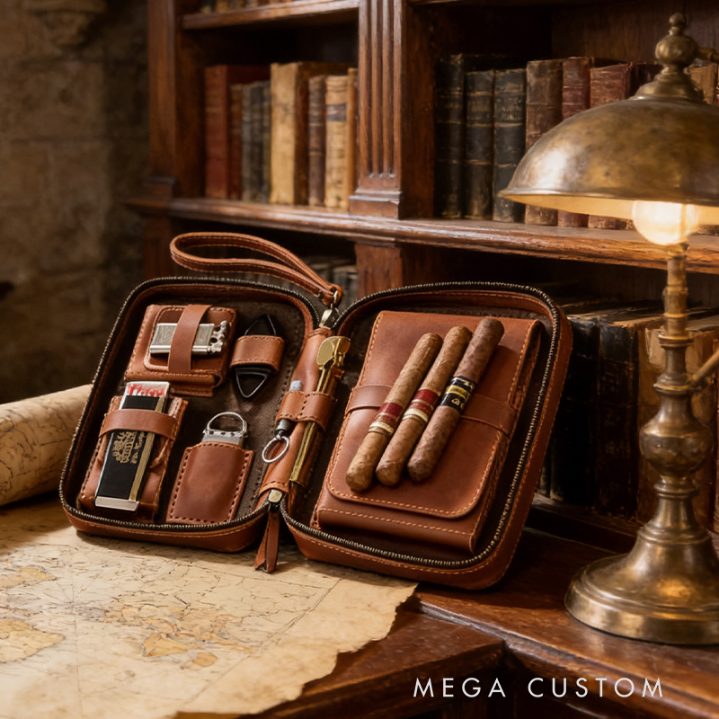 Personalized Leather Travel Cigar Box Case For Cigar Accessories Handmade Cigar Case of Genuine Leather Crazy Horse