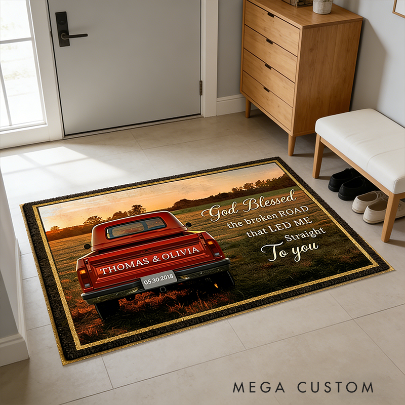 Personalized Couple Gifts Custom Truck Door Mat with Names Vintage Pickup Entry Doormat for Home Decor