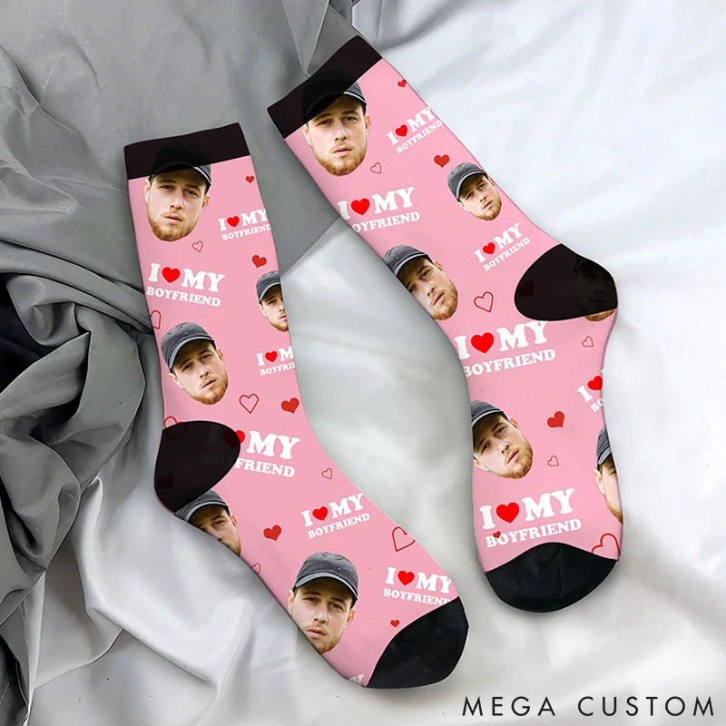 Personalized Couple Multicolor Face Photo Socks Custom I Love My Girlfriend Boyfriend Portrait Socks Valentines Day Gift for Him Her Anniversary Gift