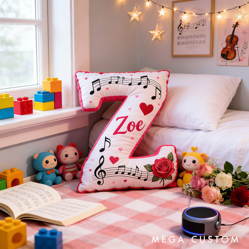 Personalized Rose Heart Sheet Music Letter Pillow with Name Soft Stuffed Toy for Kids Lover Music Lovers for Valentine's Day Anniversary Confession