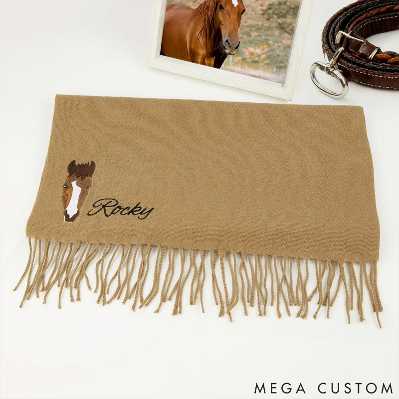 Personalized Pet Lover Pet Embroidered Horse Face Silhouette Soft Warm Scarf Shawl with Name Birthday Gift for Couple