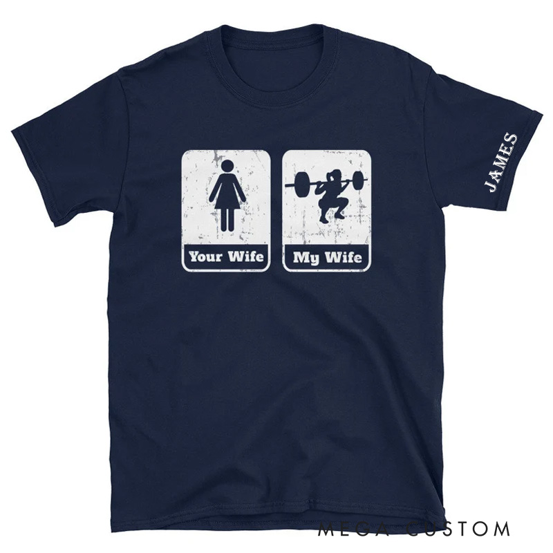 Personalized Couple Weightlifting Classic T-Shirt Exercise Husband And Wife Weight Lifters Shirt for Fitness Enthusiasts Bodybuilders and Gym Lovers