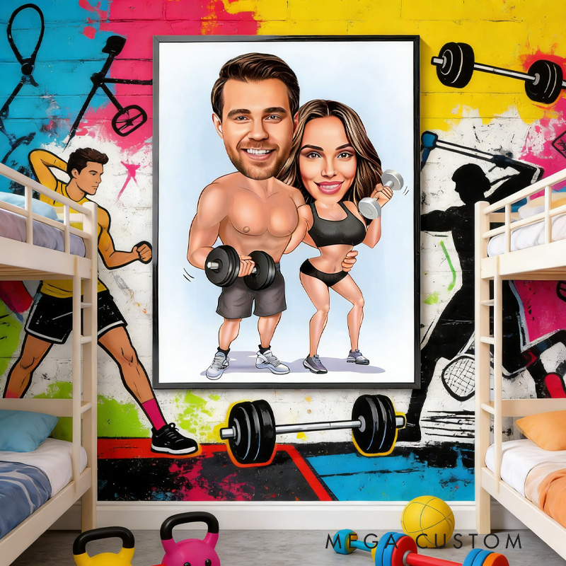 Personalized Gym Lover Couple Portrait Fitness Gifts Cartoon Weightlifter Portrait Bodybuilding Poster Fitness Gym Weightlifting Gym Gift ideas for Gym Lovers