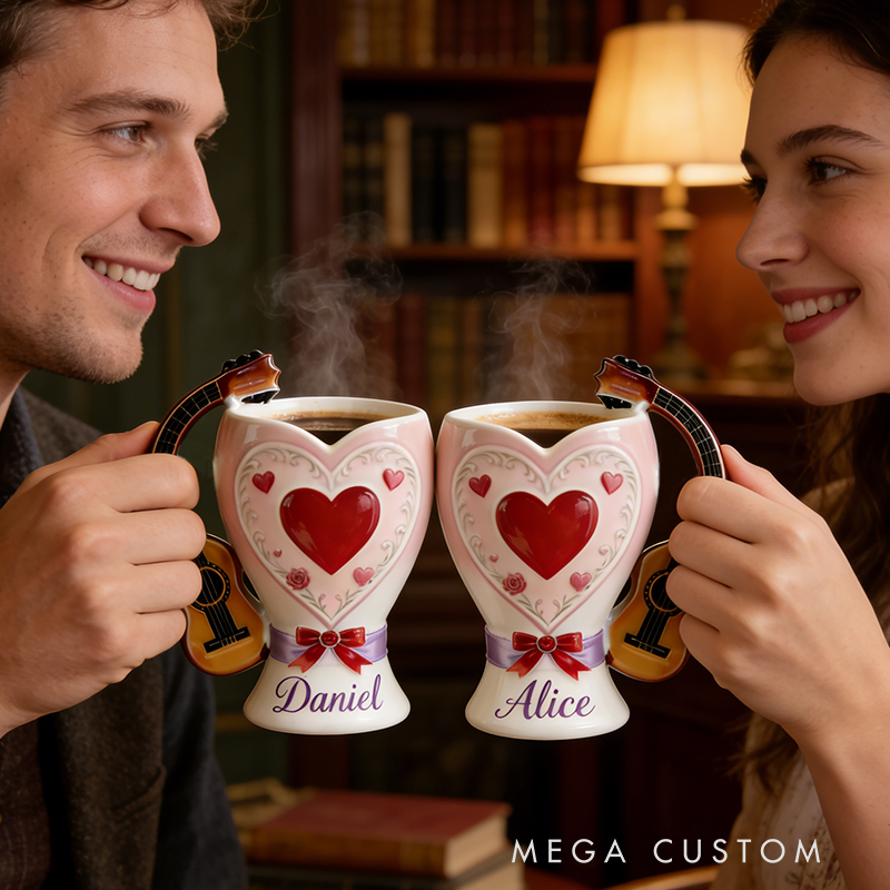 Personalized Valentine Guitar Handle Heart Mugs Set – Custom Name Couple Coffee Mugs