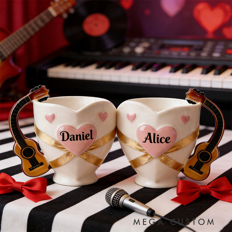 Personalized Couple Guitar Handle Heart Mugs – Custom Name Valentine’s Day Ceramic Mug Set