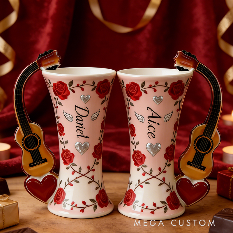 Personalized Rose & Guitar Handle Couple Vases – Custom Name Valentine’s Day Ceramic Vase Set