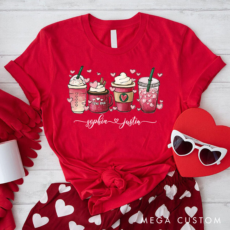 Personalized Couple Coffee Cup and Heart Matching T-Shirt with Name Valentine's Day T-Shirt for Husband Wife Boyfriend Girlfriend Gift for Hubby Wifey