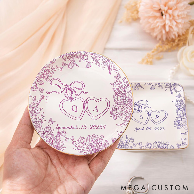 Personalized Heart Flower Ceramic Trinket Jewelry Dish with Initial and Date Toile De Jouy Ring Dish Valentine's Gift for Wife Anniversary Gift for Girlfriend