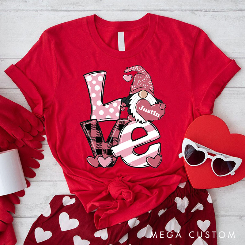 Personalized Couple Pink Love Gnome Holding Heart Matching T-Shirt Valentine's Day T-Shirt for Husband Wife Boyfriend Girlfriend Gift for Hubby Wifey
