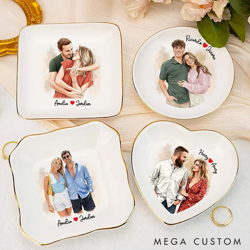 Personalized Heart Flower Ceramic Trinket Jewelry Dish with Initial and Date Toile De Jouy Ring Dish Valentine's Gift for Wife Anniversary Gift for Girlfriend