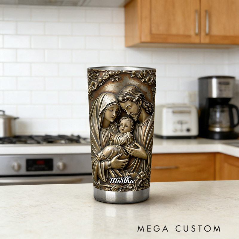 Personalized the Holy Family 20oz Stainless Steel Tumbler with Custom Name 3D Design Tumbler Religious Gift Faith Gift for Christians