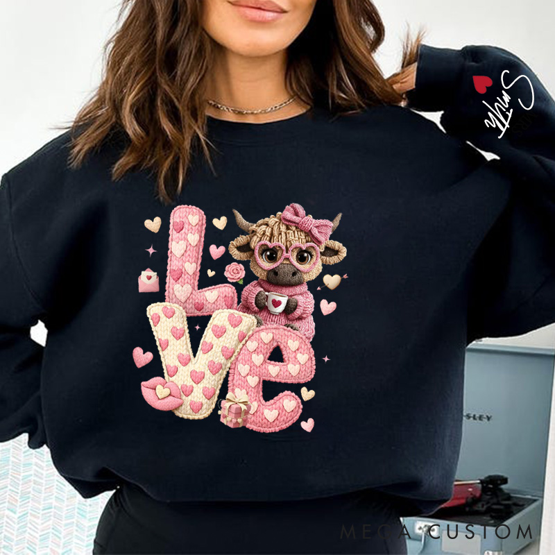 Personalized Girlfriend Wife Fur Thread Cow Valentine's Day Sweatshirt Custom LOVE Cow Sweatshirt Anniversary Valentine's Day Gift for Him Her