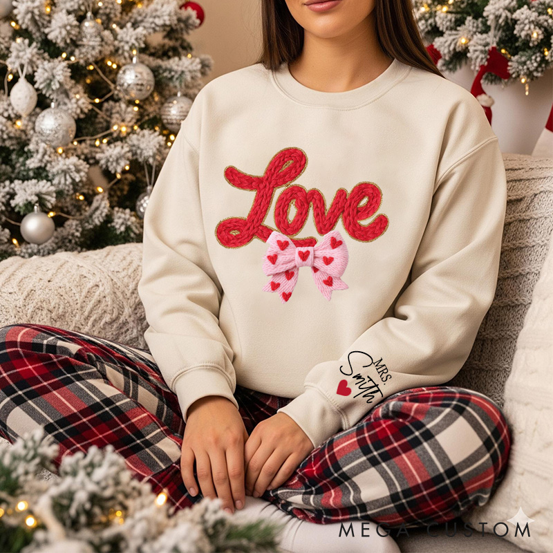 Personalized Girlfriend Wife Fur Thread Love with Bow Valentine's Day Sweatshirt with Name Valentine's Day Gift for Man Woman Anniversary Gift