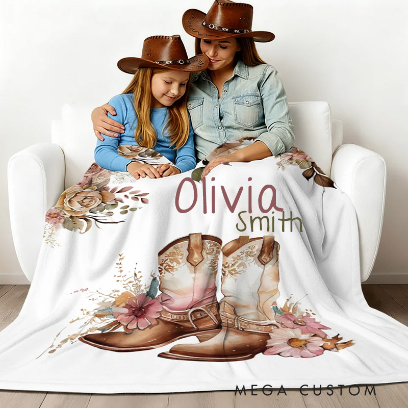 Personalized Floral Cowgirl Boots Western Soft Throw Blanket with Name Home Decor Western Nursery Birthday Gift for Cowgirls Friends Riding Lovers Equestrian Lovers