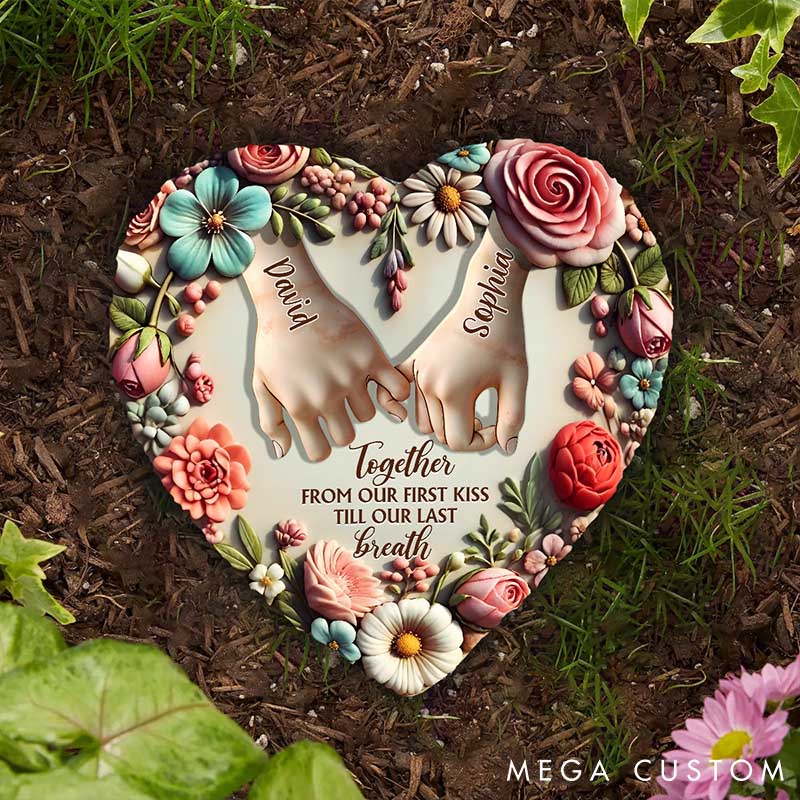 Personalized Couple From Our First Kiss Till Our Last Breath Heart Shaped Stone with Stand Floral Pinky Promise 3D Effect Stone Valentines Day Gift