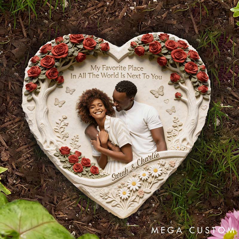 Personalized Couple Photo My Favorite Place Is Next To You Heart Shaped Stone with Stand Custom Floral Tree 3D Effect Stone Valentines Day Gift