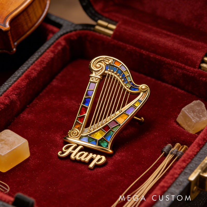 Personalized Harp-Inspired Custom Enamel Brooch Crafted From the Instrument of Your Choice