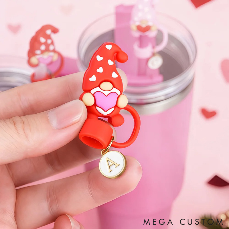Personalized Gnome Heart Reusable Straw Topper with Initial Charm Accessory for Tumbler Valentine's Day Gift for Couple Unique Gift for Him Her