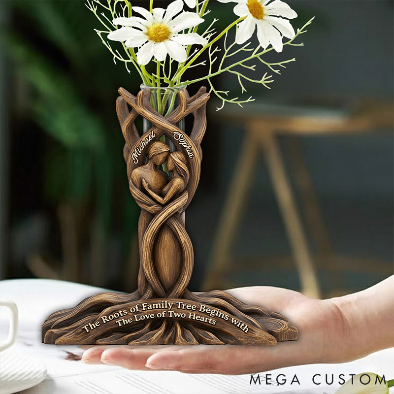 Personalized Couple The Roots of Family Tree Begins with The Love of Two Hearts Acrylic Flower Vase Imitation Wood 3D Effect Vase Valentines Day Gift