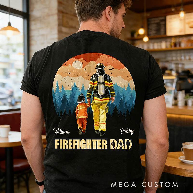 Personalized Family Gifts Custom Name Firefighter Dad Shirt Father and Son Matching Tee Classic Fireman Theme T Shirt